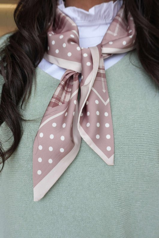 Plaid & Polka Border Triangle Silk Neckerchief Almond